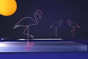 3D podium with flamingo. Abstract minimal rim showcase for product promotion. photo