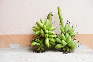 Bananas are placed next to the wall. photo