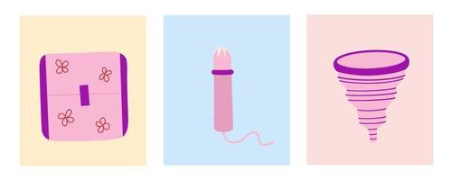 Menstrual period, feminine hygiene products. Set of hand drawn images, menstrual cups, tampon and pads. Women's health. Illustration for backgrounds, greeting card, posters and seasonal design.