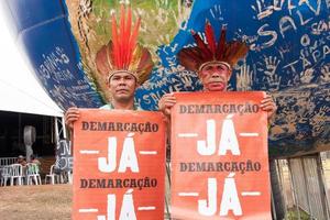 Brasilia, DF, Brazil-April 13, 2022 Indigenous Indains from all over Brazil, gather in Brasilia, for the annual Free Land Encampment or Acampamento Terra Livre. photo