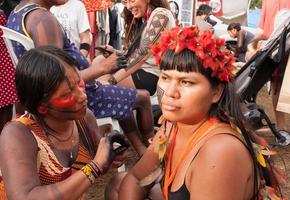 Brasilia, DF, Brazil-April 13, 2022 Indigenous Indains from all over Brazil, gather in Brasilia, for the annual Free Land Encampment or Acampamento Terra Livre.