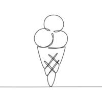 One line drawing of ice cream balls in waffle cone. Vector illustration isolated on white background.