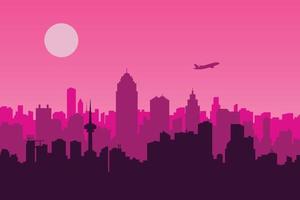 Vector illustration of an urban scene with a pink background, a metropolis, and an airplane silhouette