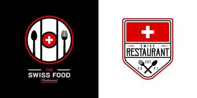 logotipo del restaurante de comida suiza. símbolo de la bandera suiza con iconos de cuchara, tenedor y cuchillo. logotipo premium y de lujo
