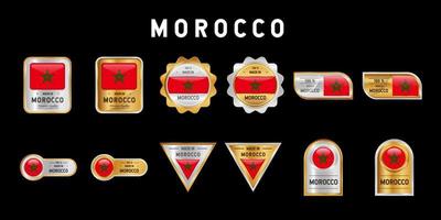 Made in Morocco Label, Stamp, Badge, or Logo. With star and the National Flag of Morocco. On platinum, gold, and silver colors. Premium and Luxury Emblem vector