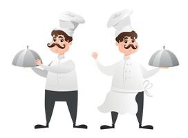 Chefs in white hat in a restaurant kitchen preparing food. Cute chefs in uniform holding an empty dish. Professional master