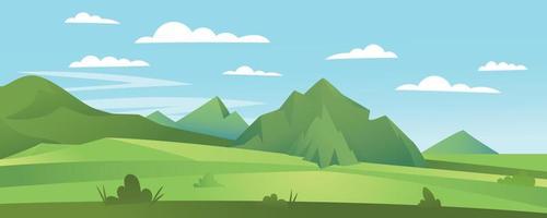dibujos animados panorama plano de primavera verano hermosa naturaleza, praderas verdes praderas con montañas en el fondo del horizonte, paisaje de montaña de verano, amanecer sobre el valle. ilustración vectorial vector