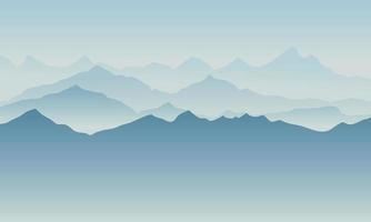 hermoso paisaje de silueta de montaña azul con niebla y amanecer y atardecer en el fondo de las montañas. concepto de senderismo y actividades al aire libre. vector. bueno para papel tapiz, banner del sitio, portada, afiche vector