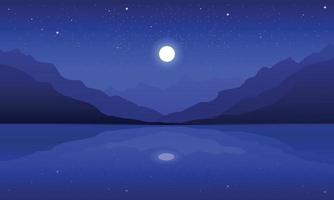 Incredible mountain landscape. Lake with blue water. Night sky with moon and stars reflection in water view. Vector illustration.