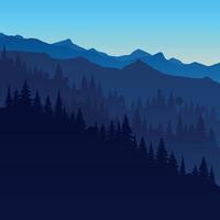 Simple monochromatic silhouette landscape with fog, forest, blue mountains. Illustration of view, mist and silhouettes mountains. Good for wallpaper, background, banner, cover, poster.