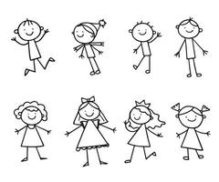 Group of funny kids girls and boys. Friendship concept. Happy cute doodle contour children. Isolated vector illustration in hand drawn line style on white background