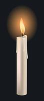 Vector realistic white paraffin or wax burning candle with flame, melted wax drops, on dark background.