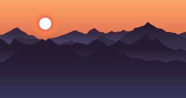 Beautiful blue mountain landscape with sunrise and sunset in mountains background. Dark, night time. Outdoor and hiking concept. Sun in the sky. Vector. Good for wallpaper, site banner, cover, poster vector