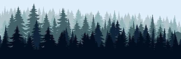 Vector mountains forest background texture, silhouette of coniferous forest, vector. Winter season trees covered in snow, spruce, fir. Horizontal landscape.