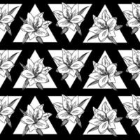 patrón abstracto vintage de flor de lirio con geometría sobre fondo negro para el diseño de tela. patrón gráfico vectorial simple, moderno. patrón sin costuras de tela vectorial. vector