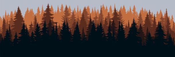 Vector mountains forest background texture, silhouette of coniferous forest, vector. Autumn season orange, yellow trees, spruce, fir. Horizontal landscape.