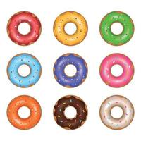 Set of cartoon colorful donuts. Bright delicious sweet doughnut with sugar caramel colored glaze and decorated with colorful decorative elements. Sinker for menu design, cafe decoration, delivery. vector