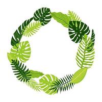 Vector tropical jungle palm, fern and monstera leaves. Round wreath, exotic frame with place for text. Green summer illustration