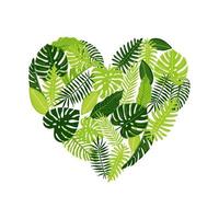 Vector  heart-shaped botanical illustration with monstera, palm and fern leaves. Tropical plants,  Go green design