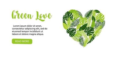 Web banner, flyer with heart-shaped tropical monstera leaves, fern, palm, banana.  Vector botanical illustration, Go green design, save the planet concept