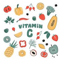 conjunto de fuentes vectoriales de vitamina c. colección de frutas, verduras y bayas. alimentos saludables, productos dietéticos, orgánicos. ilustración plana de dibujos animados vector