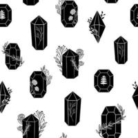 Seamless pattern with black crystals, Gems, diamonds, hand drawn plants and flowers. Vector collection with minerals, gemstones, line art illustration for fabric, textile, wrapping paper