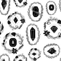 Seamless pattern with black crystals, Gems, diamonds, hand drawn plants and flowers. Vector collection with minerals, gemstones, line art illustration for fabric, textile, wrapping paper