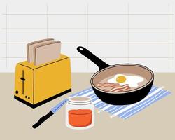 Vector kitchen tools. Toaster with slices of bread,  jam jar, knife,  napkin, and a frying pan with eggs and bacon. Concept of breakfast, kitchenware. Kitchen poster. Cartoon flat illustration