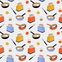 Vector seamless pattern with kitchen tools. Toaster with slices of bread, apple, jam jar, knife, a frying pan with eggs and bacon. Concept of breakfast. Cartoon flat illustration