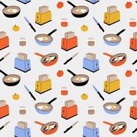 Vector seamless pattern with kitchen tools. Toaster with slices of bread, apple, jam jar, knife, a frying pan with eggs and bacon. Concept of breakfast. Cartoon flat illustration