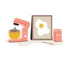 Vecotor doodle Kitchen tools. Kitchenware, cooking baking utensils.  A stylish composition with a planetary mixer, a can of coffee, a spoon and a picture with scrambled eggs. vector