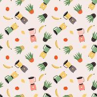 Vector seamless pattern with blender, houseplant, banana, lemon, and apple. Kitchenware, utensils.  Cartoon flat illustration for fabric, textile, wrapping paper, wallpaper