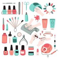 Manicure tools kit. Accessories, equipment set. Nail polish, file, scissors, hand cream, electric drill, UV lamp, Cuticle nipper, etc. Professional studio, beauty salon.  Doodle vector illustration