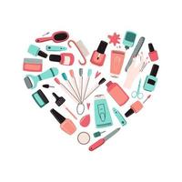 Manicure tools heart-shaped kit. Accessories, equipment set. Nail polish, file, scissors, hand cream, electric drill, UV lamp, Cuticle nipper, etc. Doodle vector illustration