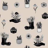 patrones sin fisuras de jardinería negra dibujada a mano con plantas en macetas, suculentas y flores sobre fondo rosa vector