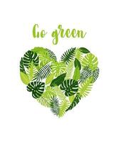 Web banner, flyer with heart-shaped tropical monstera leaves, fern, palm, banana.  Vector botanical illustration, Go green design, save the planet concept