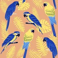 Vector seamless pattern with tropical monstera leaves, palm, fern and parrots. Blue and gold macaw and hyacinth macaw. Summer illustration