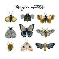 Set of colorful modern magical butterflies and moths.
