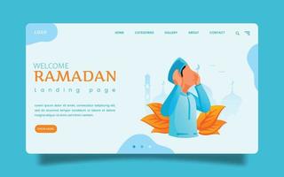 Landing Page A Man is doing Adzan in The Night, A Call For Muslim To Pray - Ramadan - Vector Illustration