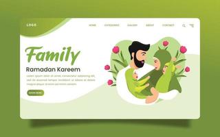 ilustración de la página de destino de una armoniosa familia musulmana abrazándose unos a otros sonriendo sobre un fondo de flores verdes con temática de ramadán. vector