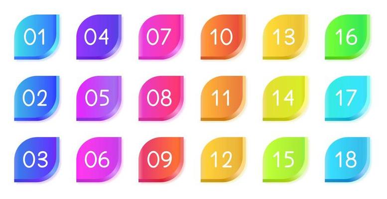 Bullet icons with numbers vector set. Gradient bullet points, isolated on a white background. 3D rendering abstract leaf shapes with numbers. Number bullet points set, vector gradient markers.