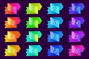 Bullet icons with numbers vector set. Gradient bullet points, isolated on a dark background. 3D rendering abstract shapes with numbers. Number bullet points set, vector gradient markers.