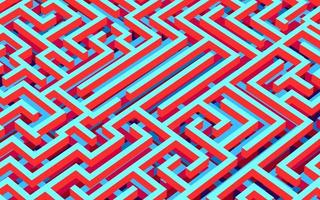 Maze background, 3D rendering, isometric perspective. In blue, red, orange colors. Colorful vector maze, labyrinth with contrast colors. Abstract puzzle background.