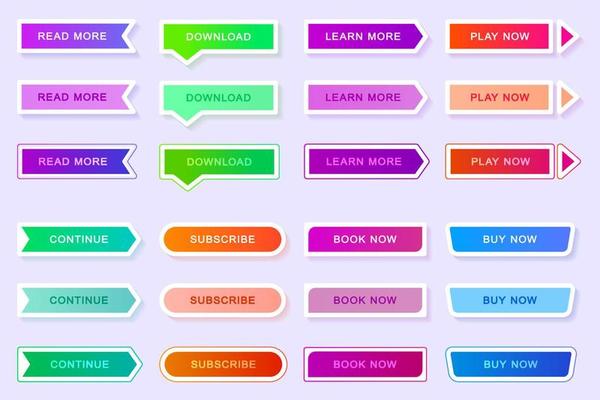 Buttons set, collection of colorful gradient buttons with white frame and shadow, isolated button icon set. Buttons with normal, hover and pressed effects, for web, game, application and other design.