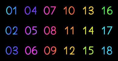 Colorful numbers. Gradient numbers from 1 to 18. Modern font designs isolated on black background. vector