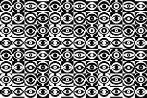 Seamless eye pattern with repeating abstract eye illustrations in black and white colors. vector