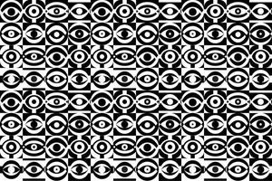 Seamless eye pattern with repeating abstract eye illustrations in black and white colors. vector