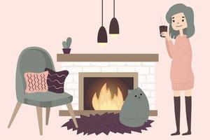 Cute girl  with cat drink hot coffee tea cacao. Cozy winter.Hygga home style. Illustration in cartoon style. vector