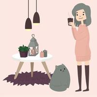 Cute girl  with cat drink hot coffee tea cacao. Cozy winter.Hygga home style. Illustration in cartoon style. vector