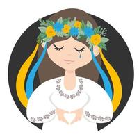 Ukrainian girl in national dress cry and show heart  sign by hands. Support Ukraine concept. Vector flat illustration isolated on white background.